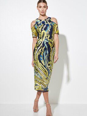 MOSSMAN Hummingbird Cold Shoulder Shift Midi Dress Yellow Navy Print US Size 4